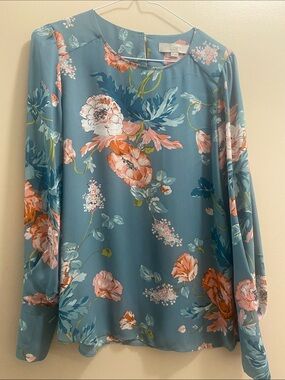 LOFT Teal Floral Long-Sleeve Top with Coral and Pink Blooms
